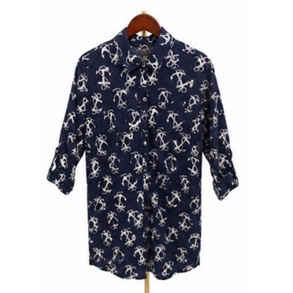 Mud Pie Tunic Cover-up Womens M Navy Blue EUC Anchor Print Coastal Preppy